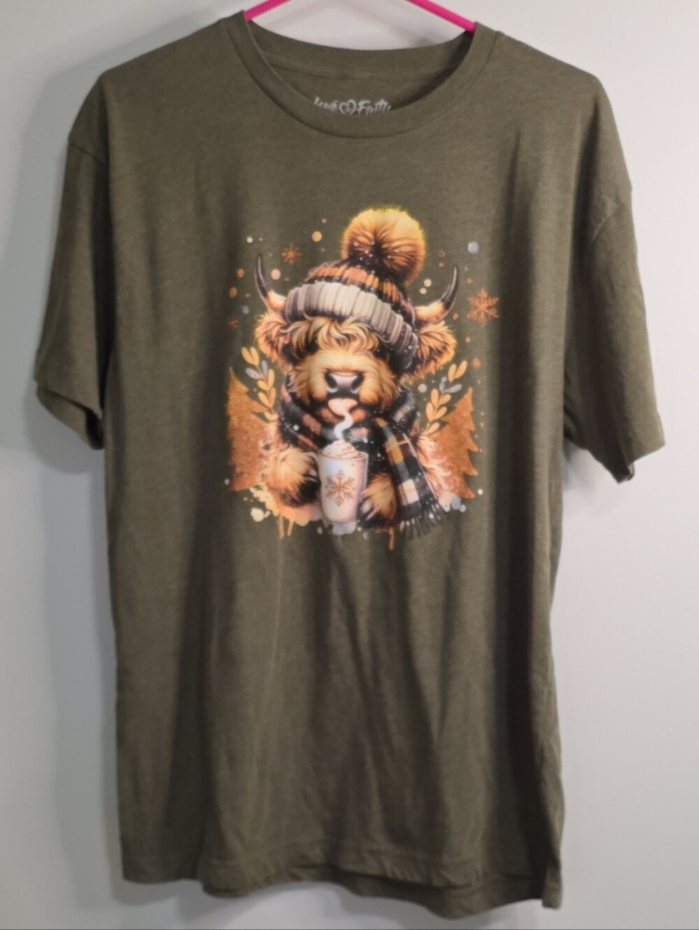 Women's Olive Green Graphic Tee with Cozy Highland Cow, Coffee, Fall